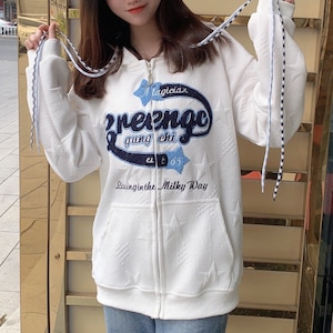 Y2K Zip Up Embroidered Hoodie, Grunge Streetwear Retro Style Sweater, Korean Style Harajuku Sweatshirt, High Street American Streetwear