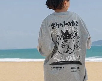 Cat Print T-Shirt, Retro Style Harajuku Top, Pet Lover Cartoon Shirt, Korean Style Y2K Streetwear Tee