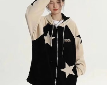 Corduroy Y2K Star Hoodie, Patchwork Two Color Sweatshirt, Retro Style Embroidered Full Zip Up Sweater, Vintage Style Grunge Top