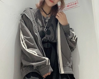 Retro Style Y2K Jacket, Zip Up Casual Vintage Coat, Old School Grunge Striped Jacket, 90s Streetwear Hip Hop Jacket