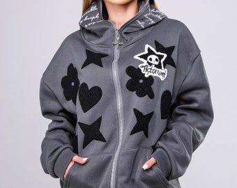 Embroidered Y2K Zip up Hoodie, Hip Hop 90s Harajuku Hoodie