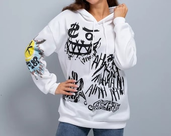 Gothic Graphic Print Hoodie, Punk Y2K Retro Streetwear Pullover, Korean Style Smile Emo Sweatshirt, Grunge Alt Hip Hop Harajuku Top