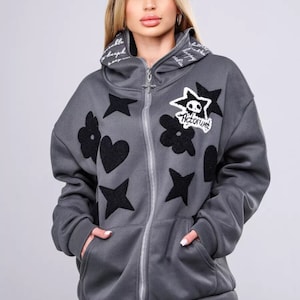 Embroidered Y2K Zip Up Hoodie, Hip Hop 90s Harajuku Hoodie, American Casual Streetwear Sweatshirt, Zip Up Gothic Star Embroidery Sweater