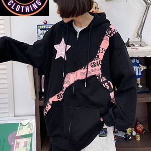 Y2K Star Zip Hoodie ジップパーカー shury itimi Y2K Star Zip up Hoodie, Unisex Patchwork Stitch Sweatshirt
