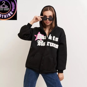 Y2K Zip Up Star Hoodie, Retro Embroidered Streetwear Sweatshirt, High Street Harajuku Sweater, Hip Hop Hooded Urban Style Hoodie