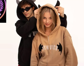 Embroidered Streetwear Hoodie with Horns, High Street Devil Wings Sweatshirt, Y2K Zip Up Gothic Hoodie, Grunge Horror Cosplay Sweater