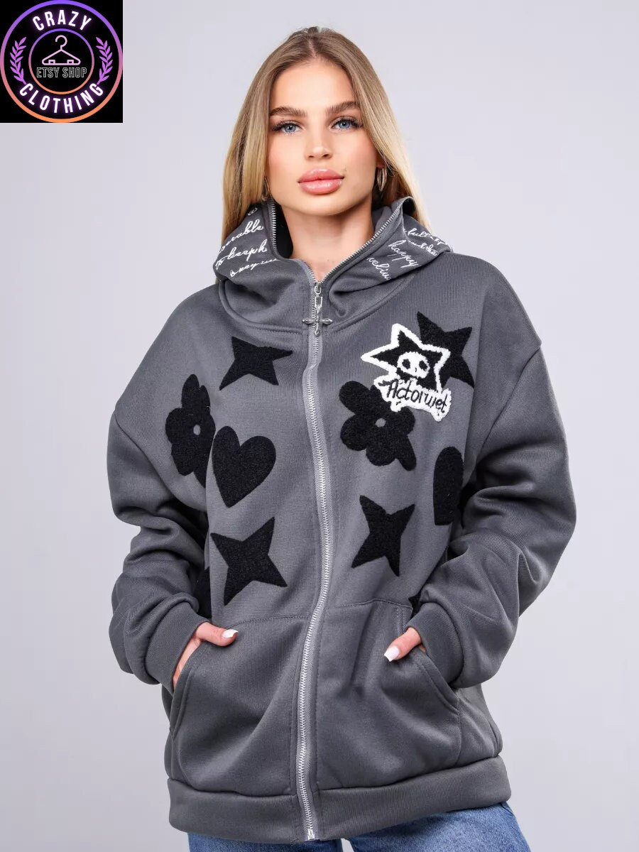 Embroidered Y2K Zip up Hoodie, Hip Hop 90s Harajuku Hoodie Embroidered Y2K Zip up Hoodie, Hip Hop 90s Harajuku Hoodie