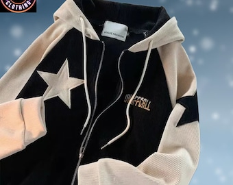 Corduroy Y2K Star Hoodie, Patchwork Two Color Sweatshirt