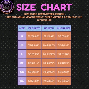 May include: A size chart with measurements in centimeters and inches for clothing. The chart includes sizes S to 3XL, with measurements for 1/2 chest, length, and shoulder. The text states a possible 2-3 cm (0.8"-1.2") difference due to manual measurement.