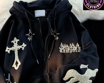 トップス FCMM CROSS ZIP UP HOODIE Women Men Y2K Goth Cross Zip Up Hoodie Grunge Punk Emo
