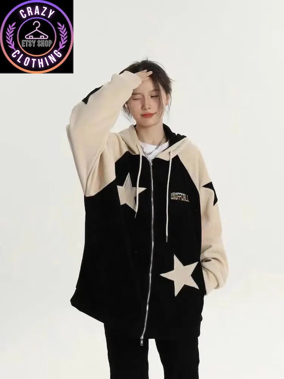 Corduroy Y2K Star Hoodie, Patchwork Two Color Sweatshirt, Retro