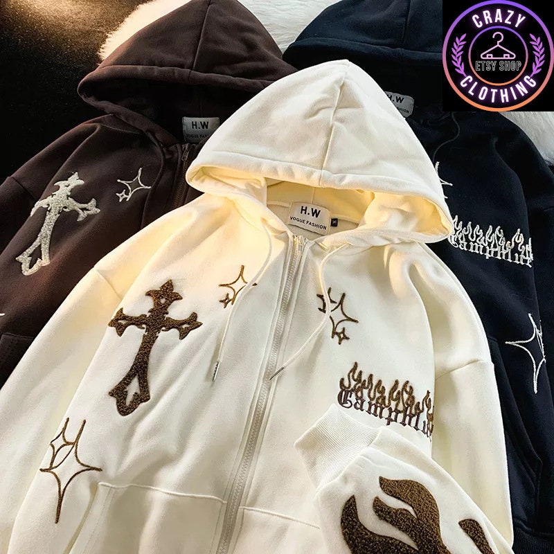 Y2K Cross Zip up Hoodie, Embroidered Flames Streetwear