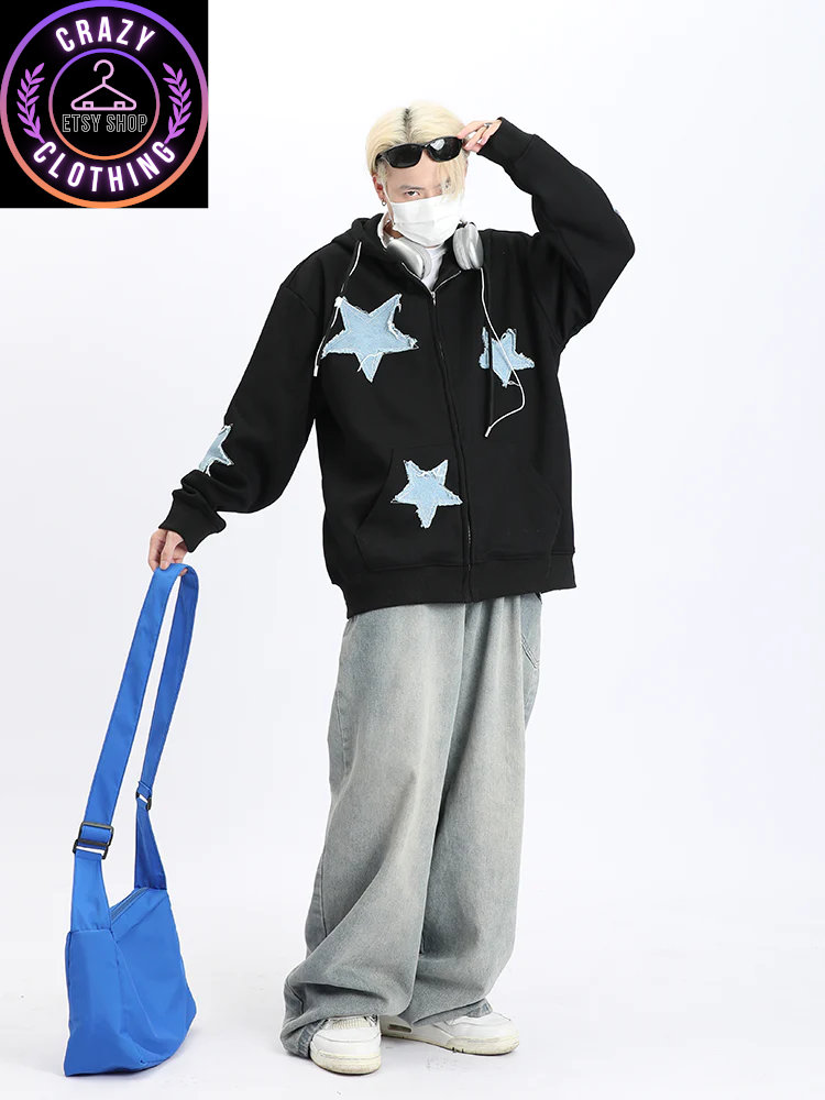 Y2K Star Zip up Hoodie, Unisex Patchwork Stitch Sweatshirt, High Street ...
