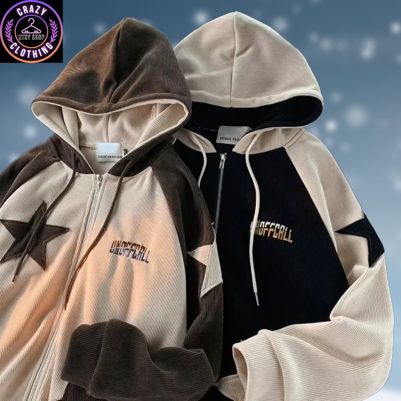 Corduroy Y2K Star Hoodie, Patchwork Two Color Sweatshirt, Retro