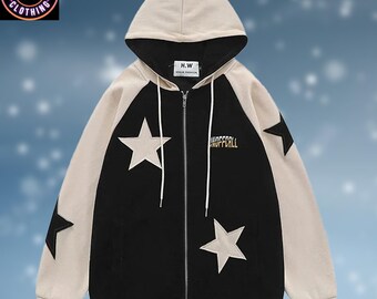 Corduroy Y2K Star Hoodie, Patchwork Two Color Sweatshirt
