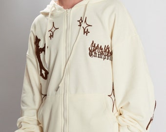 トップス doublet BURNING EMBROIDERY ZIP UP HOODIE Black Layered Zip Up Hoodie with Graphic & Studded Cross