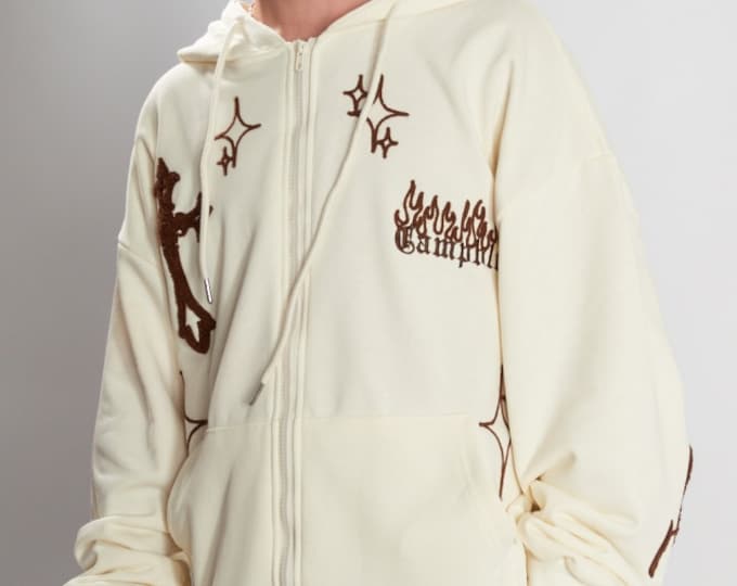 Y2K Cross Zip Up Hoodie, Embroidered Flames Streetwear Sweatshirt, Grunge Hip Hop Retro Style Sweater, American Casual Gothic Streetwear