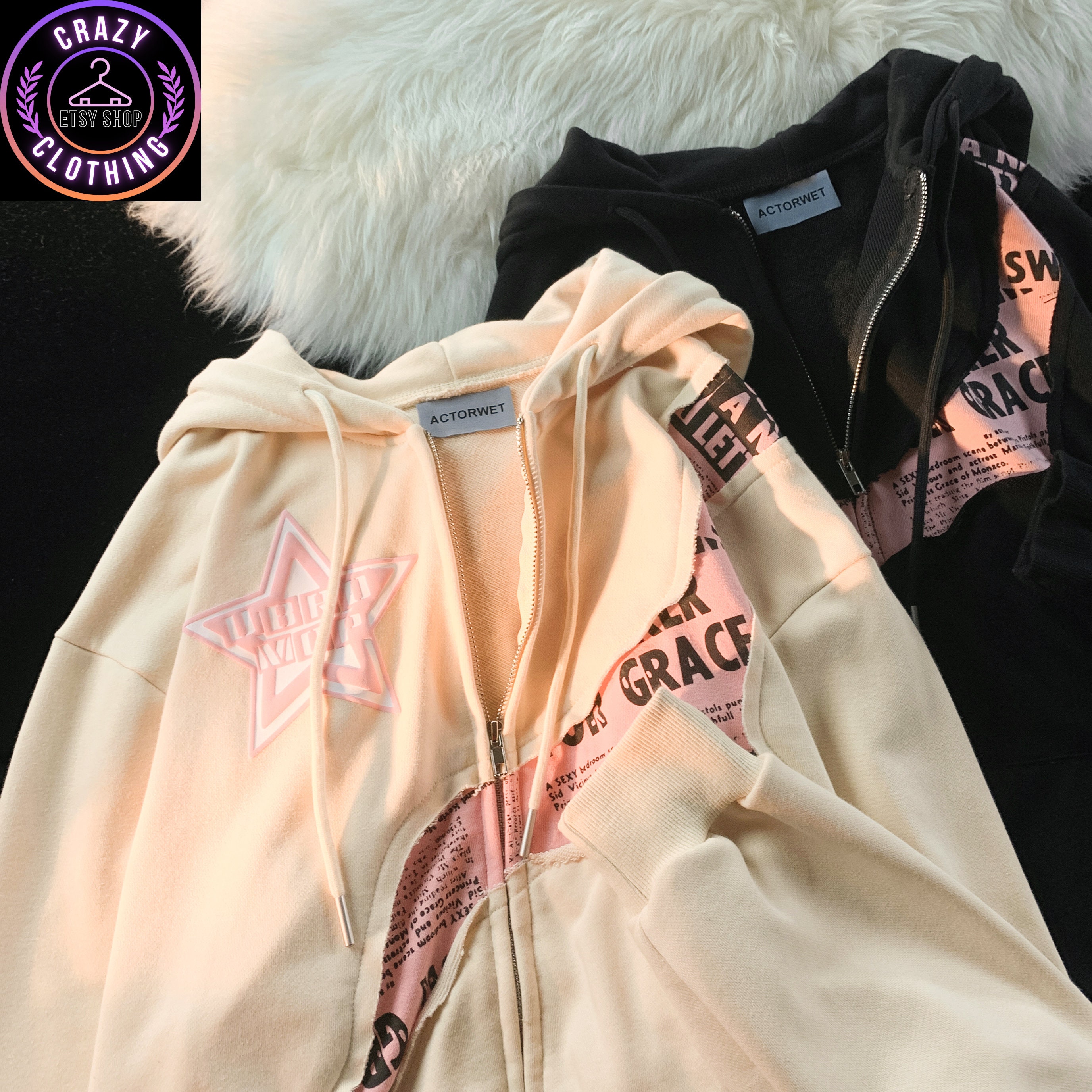 Y2K Star Patch Zip-Up Hoodie - Litlookz Studio
