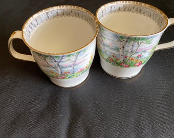Royal Albert Silver Birch Coffee Mugs Flat Bottoms Chubby Bodies Discontinued 1997 X2