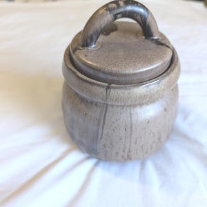 May include: A ceramic jar with a lid and handle. The jar is a muted grey-brown colour with darker streaks, and the handle is a darker shade of the same colour. The jar is sitting on a white surface.
