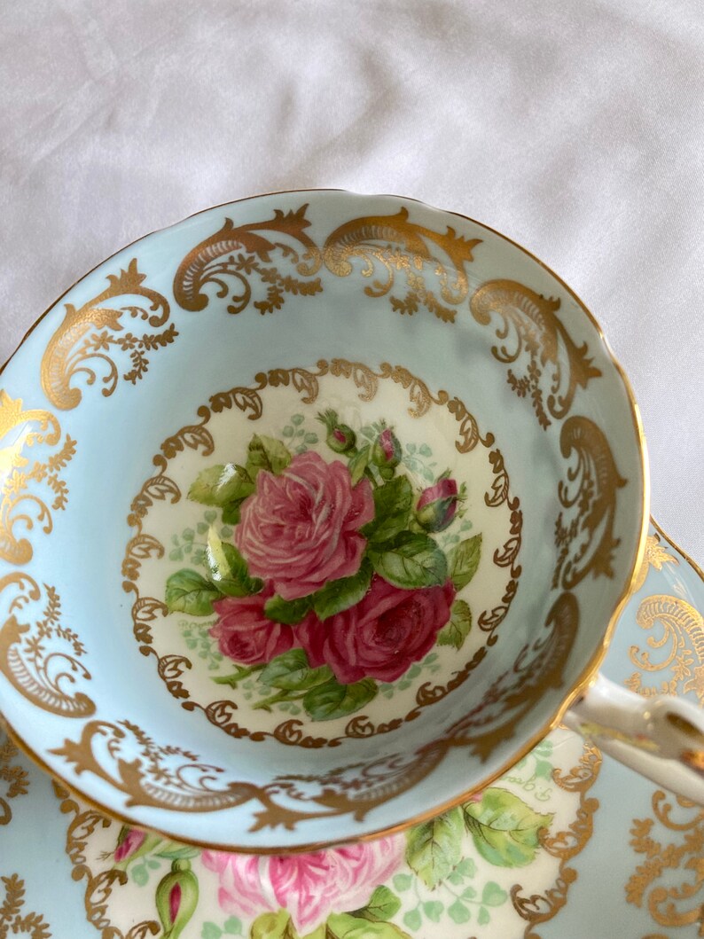 EB Foley Teacup & Saucer Blue and Gold Tea Rose Floral 3572 Etsy