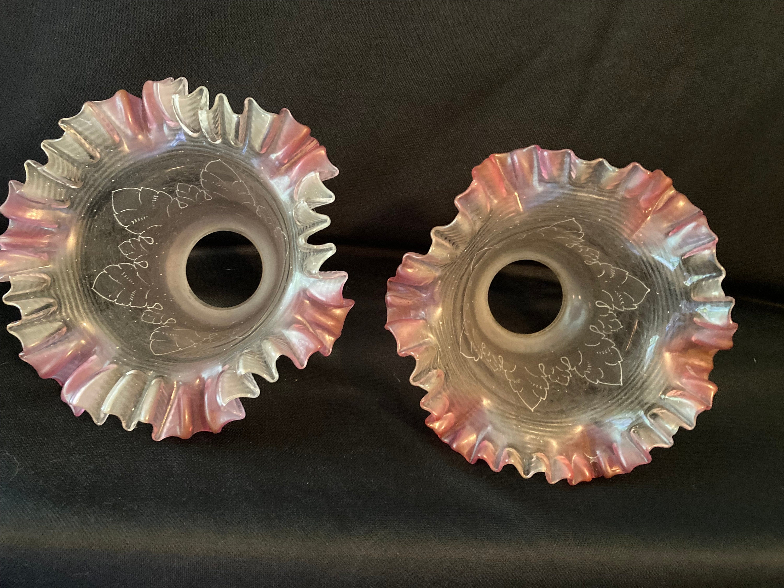 Frosted Lamp Chandelier Shades Ruffled Cranberry Tipped Rims Etched X2
