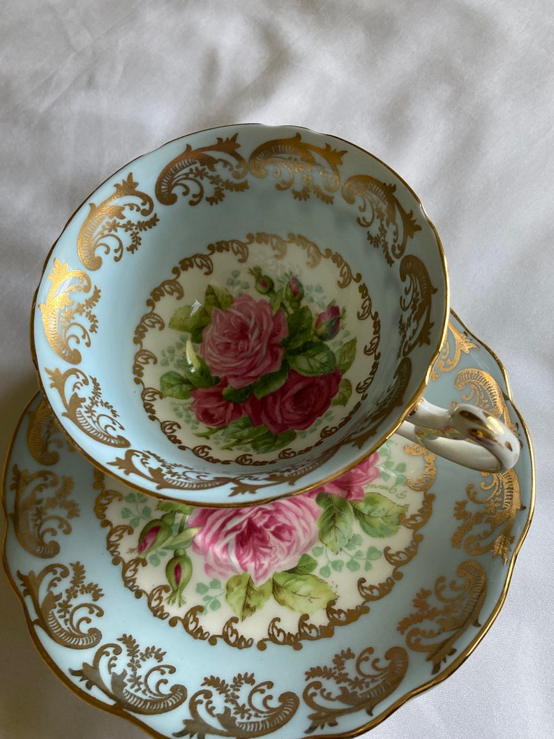 EB Foley Teacup & Saucer Blue and Gold Tea Rose Floral 3572 Etsy