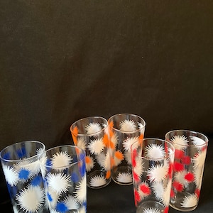 Drinkware Barware Glasses Polka Dot  Bombs Bursting In Air Vintage Multi Color Set of 6