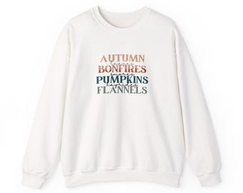 Sudadera de cuello redondo con hojas de otoño, hogueras, smores, calabazas, paseos en carro de heno y franelas