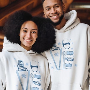 Ski Gear Love Hoodie, Winter Skiing Sweatshirt, Ski Lover Gift, Snow Sport Hooded Jumper, Skiing Apparel, Ski Trip Clothing