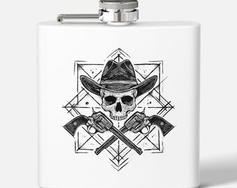 Fiaschetta con teschio da cowboy: design geometrico con revolver, regalo western