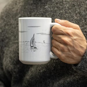 15oz Ceramic Mug, Hand-Drawn Sailboat Ocean Scene with Lighthouse, Nautical Pen-and-Ink Illustration
