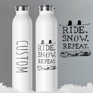 Slim Water Bottle, Ride Snow Repeat Snowboarding Drawing, Custom Text, Personalized Insulated Flask, Sports Water Container, Travel Tumbler