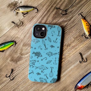 Einzigartige illustrierte Fisch locken Muster iPhone Hülle | Fischen Liebhaber Geschenk, Coole Marine Kunst, langlebige Telefon Abdeckung, personalisierter Stil