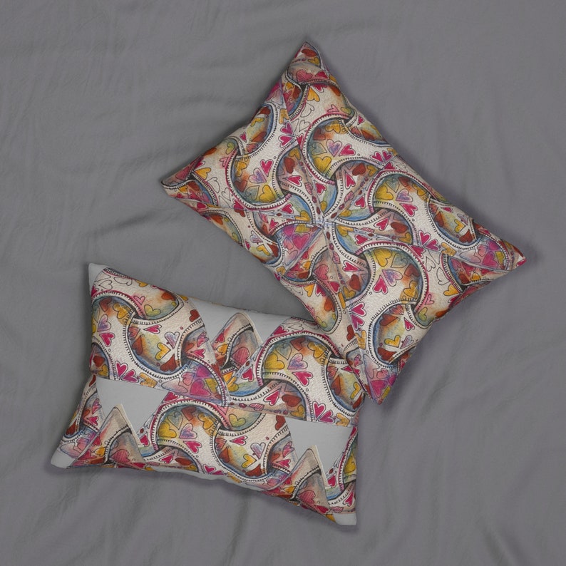 Cuscino lombare in poliestere filato con due disegni realizzati da opere d'arte originali con motivo Zentangle, rosa, giallo, blu, accessorio, cuscino decorativo immagine 4