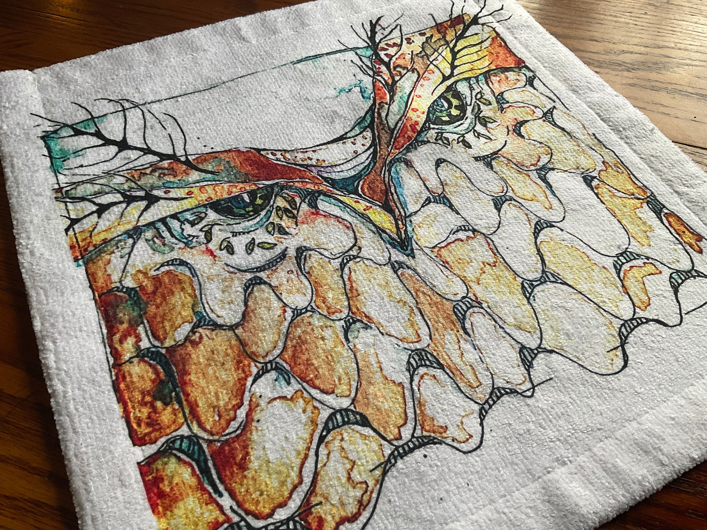Bath towel, washcloth, velour print 12”x12” Owl original design, Illustrated owl art for