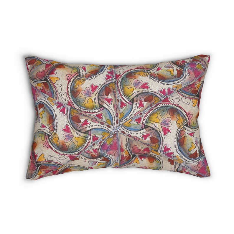 Cuscino lombare in poliestere filato con due disegni realizzati da opere d'arte originali con motivo Zentangle, rosa, giallo, blu, accessorio, cuscino decorativo immagine 1
