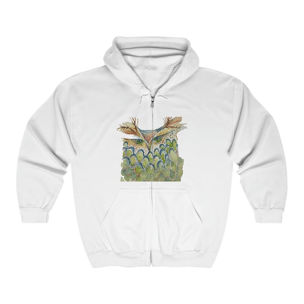 Unisex Heavy Blend™ Full Zip Hooded Sweatshirt, Green owl, watercolor, owl collector, owl lover, gift, friend, teacher, sister, brother,cute