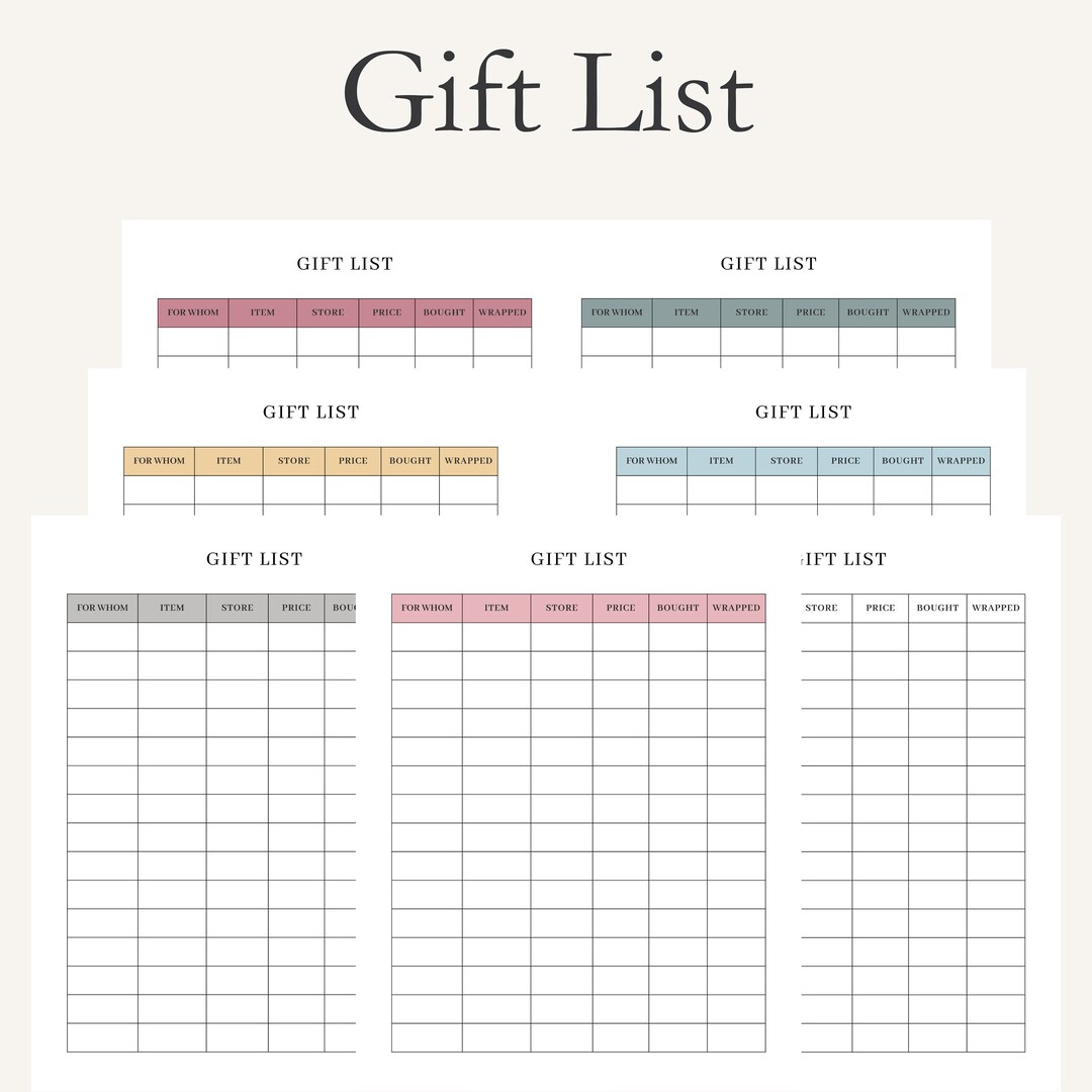 7 Colorful Gift Lists Printable Planner Gift Idea Tracker Checklist ...