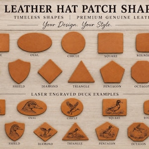May include: A collection of tan leather hat patches in various geometric shapes including rectangles, circles, stars, and shields. The image features text labels such as LEATHER HAT PATCH SHAPES and LASER ENGRAVED DUCK EXAMPLES, showcasing blank patches and versions with detailed duck illustrations.