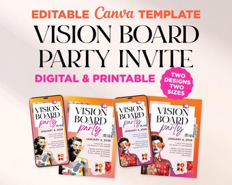 Vision Board Party Editable Canva INVITATION TEMPLATE Digital Printable Fun Collage Pink