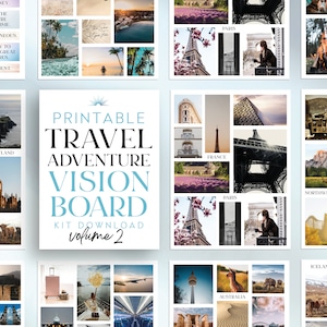 May include: A printable travel adventure vision board kit with a blue and white color scheme. The kit includes images of various travel destinations, including London, Scotland, Paris, France, Australia, Iceland, and San Francisco. The text "Printable Travel Adventure Vision Board Kit Download Volume 2" is displayed on the center board.