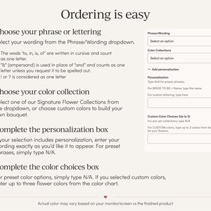 Op de afbeelding: Een instructieve afbeelding met de titel Ordering is easy, met vier genummerde stappen voor het selecteren van zinnen, kleurcollecties en personalisatie. Een digitaal formulier aan de rechterkant bevat vervolgkeuzemenu's en tekstvakken.