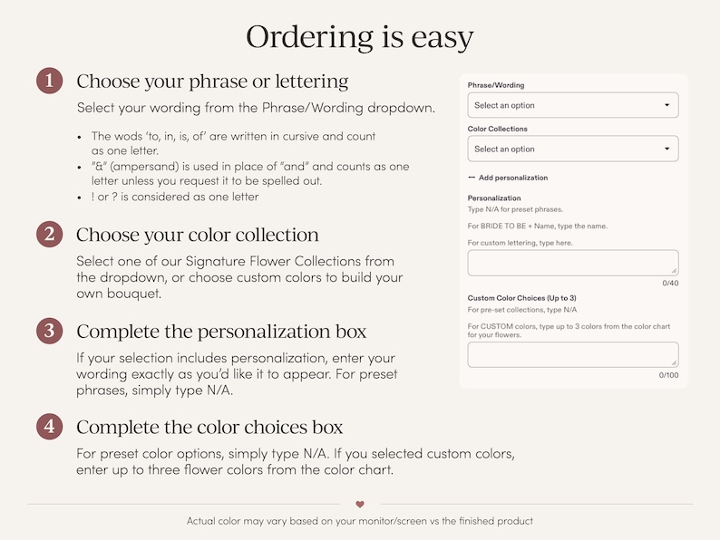 Op de afbeelding: Een instructieve afbeelding met de titel Ordering is easy, met vier genummerde stappen voor het selecteren van zinnen, kleurcollecties en personalisatie. Een digitaal formulier aan de rechterkant bevat vervolgkeuzemenu's en tekstvakken.