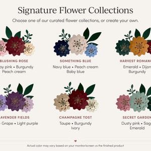 Op de afbeelding: Een grafische weergave getiteld Signature Flower Collections met zes verschillende bloemstukken met donkergroene bladeren. Elke groep bevat drie papierachtige bloemen in gevarieerde kleurenpaletten, gelabeld met namen zoals Blushing Rose, Something Blue, Harvest Romance, Lavender Fields, Champagne Tost en Secret Garden.
