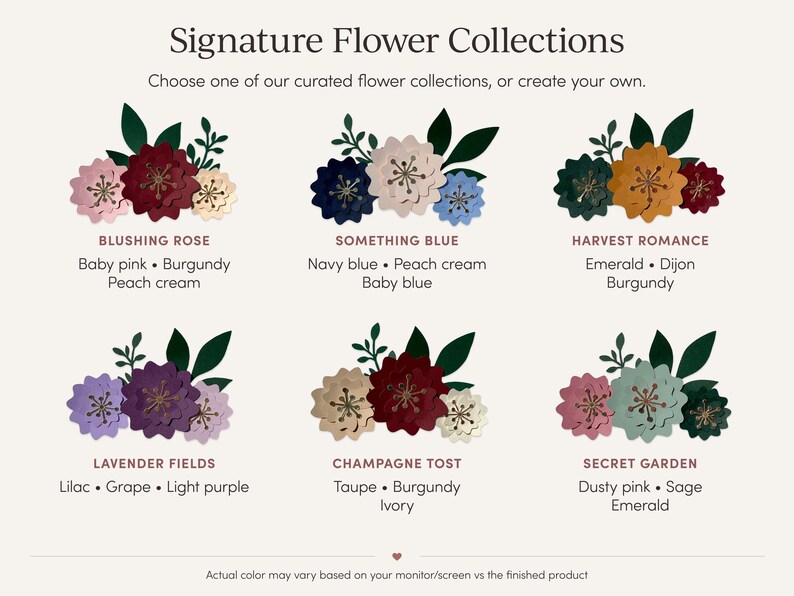 Op de afbeelding: Een grafische weergave getiteld Signature Flower Collections met zes verschillende bloemstukken met donkergroene bladeren. Elke groep bevat drie papierachtige bloemen in gevarieerde kleurenpaletten, gelabeld met namen zoals Blushing Rose, Something Blue, Harvest Romance, Lavender Fields, Champagne Tost en Secret Garden.