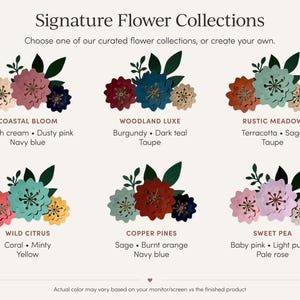 Op de afbeelding: Een overzicht van zes Signature Flower Collections met papieren bloemen in diverse kleurenpaletten. Elke set bevat labels zoals Coastal Bloom, Woodland Luxe, Rustic Meadow, Wild Citrus, Copper Pines en Sweet Pea met de kleur-namen eronder vermeld.