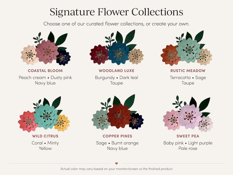 Op de afbeelding: Een overzicht van zes Signature Flower Collections met papieren bloemen in diverse kleurenpaletten. Elke set bevat labels zoals Coastal Bloom, Woodland Luxe, Rustic Meadow, Wild Citrus, Copper Pines en Sweet Pea met de kleur-namen eronder vermeld.
