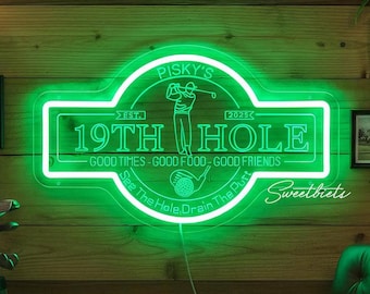 Enseigne néon LED personnalisée golf 19e trou, décoration murale personnalisée golf, enseigne bar et salon 19e trou, cadeaux de Noël golf pour lui