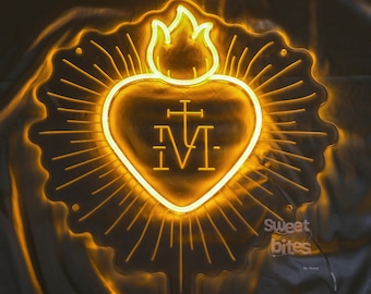 Enseigne néon miroir Milagro Heart, Sacré-Cœur, Sacré-Cœur, Cœur catholique, Cœur avec flamme, Cadeau de baptême, Cadeaux chrétiens, Cadeau de Noël